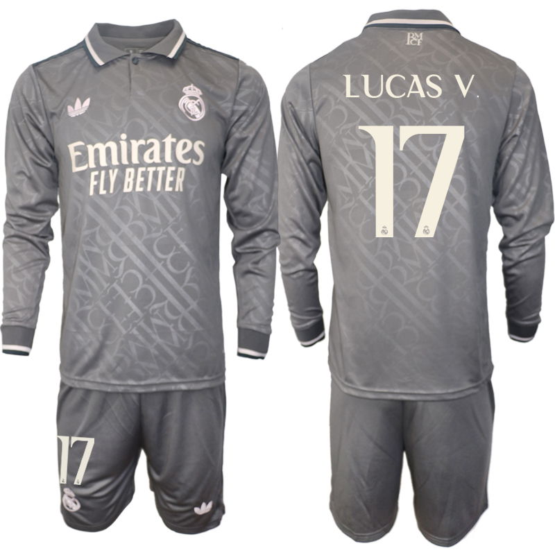 Men 2024-2025 Club Real Madrid away Long Sleeves Grey #17 Soccer Jersey->real madrid jersey->Soccer Club Jersey